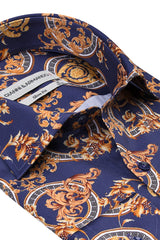 Rückansicht des eleganten Slim Fit Herrenhemds in Blau-Gold