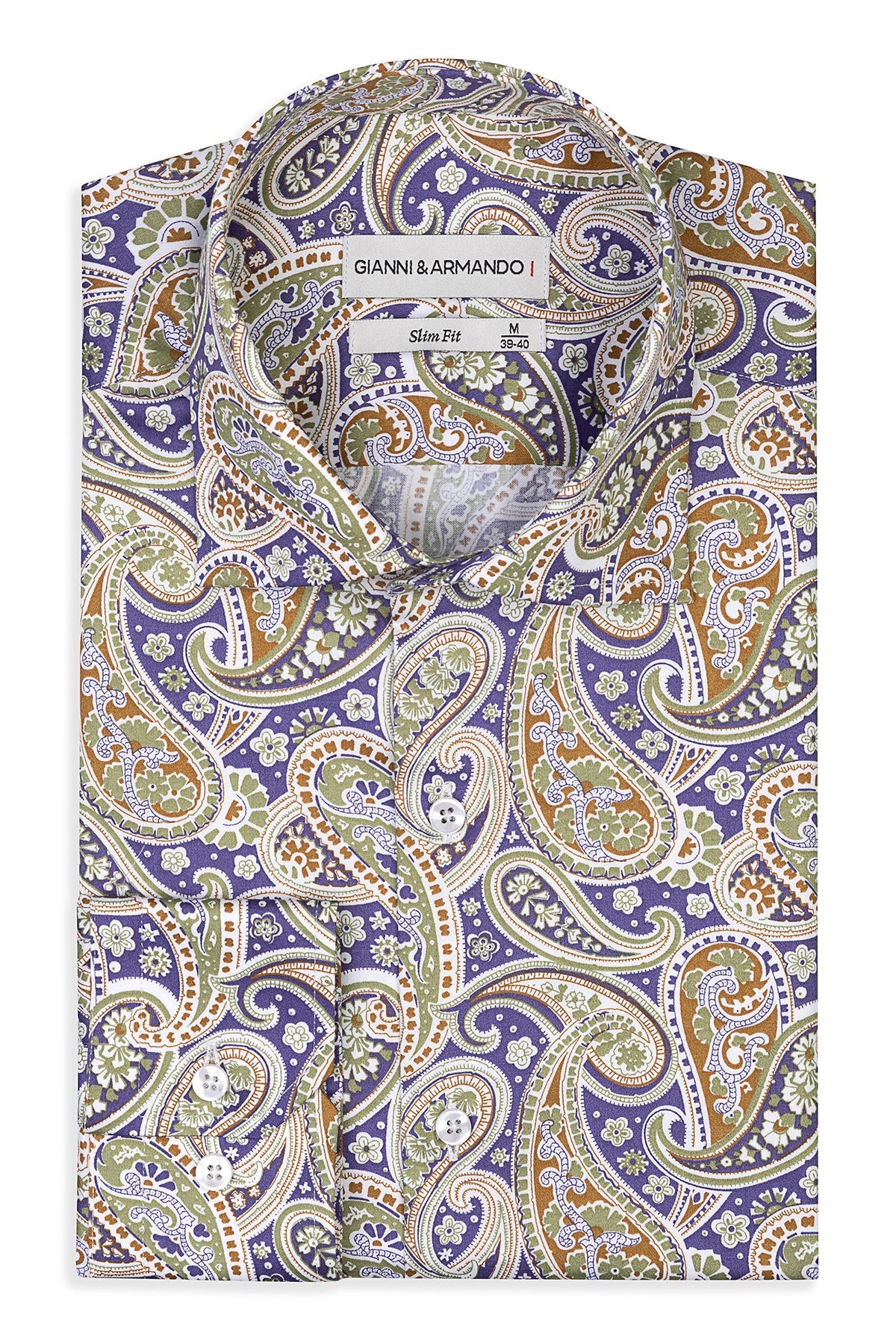 Vue complète de la chemise homme à coupe slim fit et au motif paisley coloré.