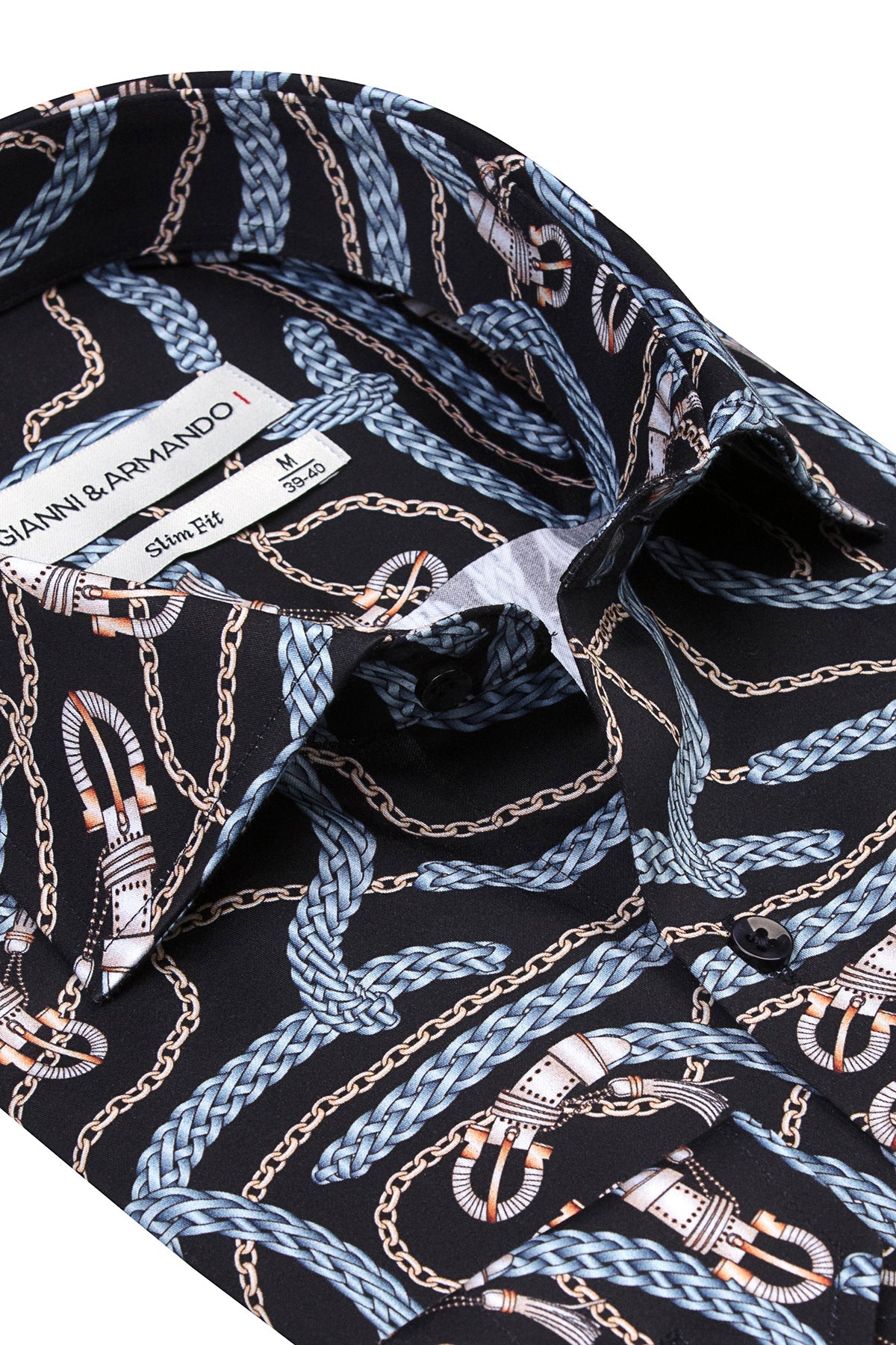 Vue de dos de la chemise homme slim-fit, mettant en valeur le subtil motif de chaînes et rubans dorés et bleus.