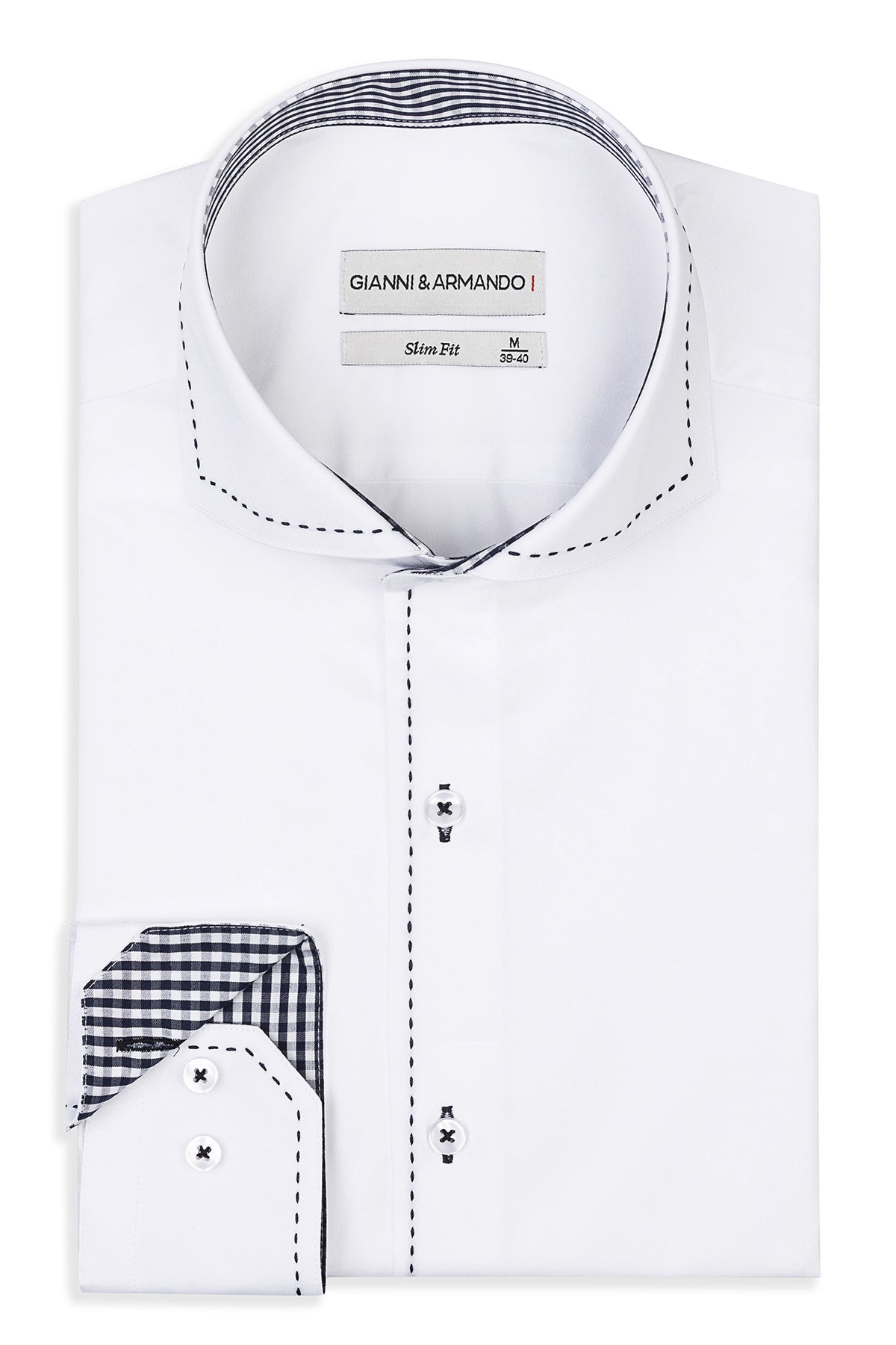 Front view of Gianni & Armando Slim Fit Herrenhemd in Weiß mit blauem Punktnahtkontrast