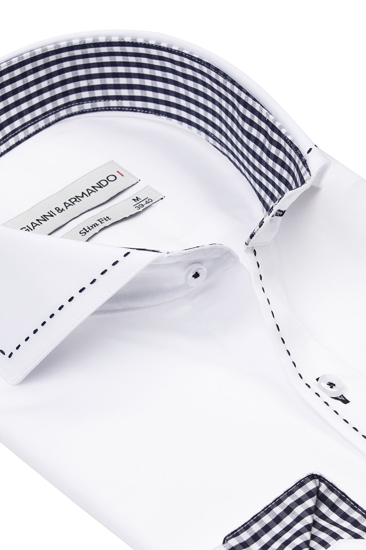 Detail shot of the blue contrast stitch along the collar and cuffs of the Gianni & Armando Slim Fit Herrenhemd