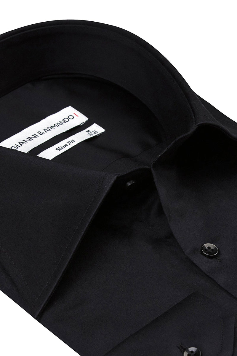 Herrenhemd Schwarz, Slim Fit, Rückenansicht mit glattem Baumwollsatin