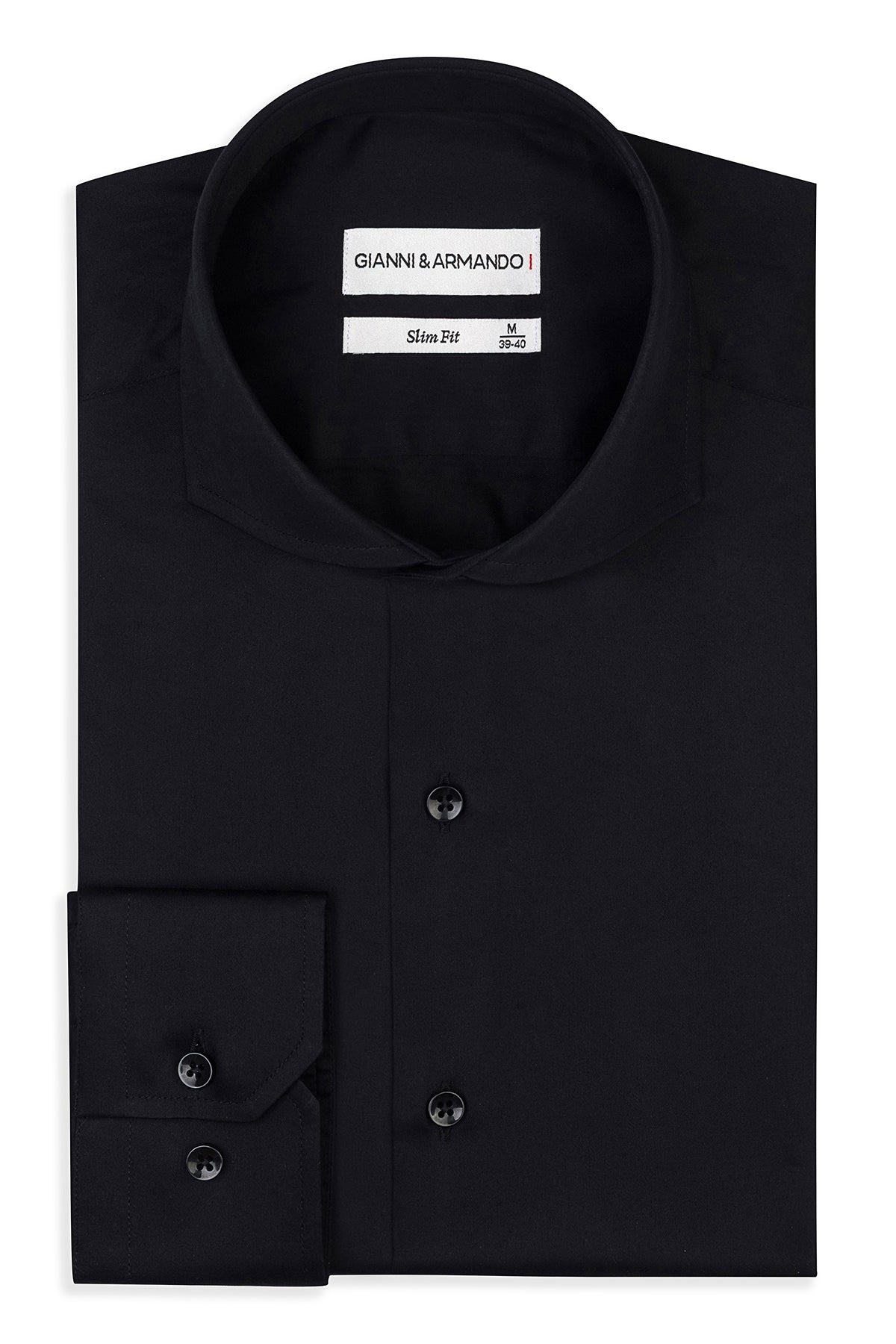 Chemise homme en satin de coton – Slim Fit, noire, col italien, gros plan sur le col
