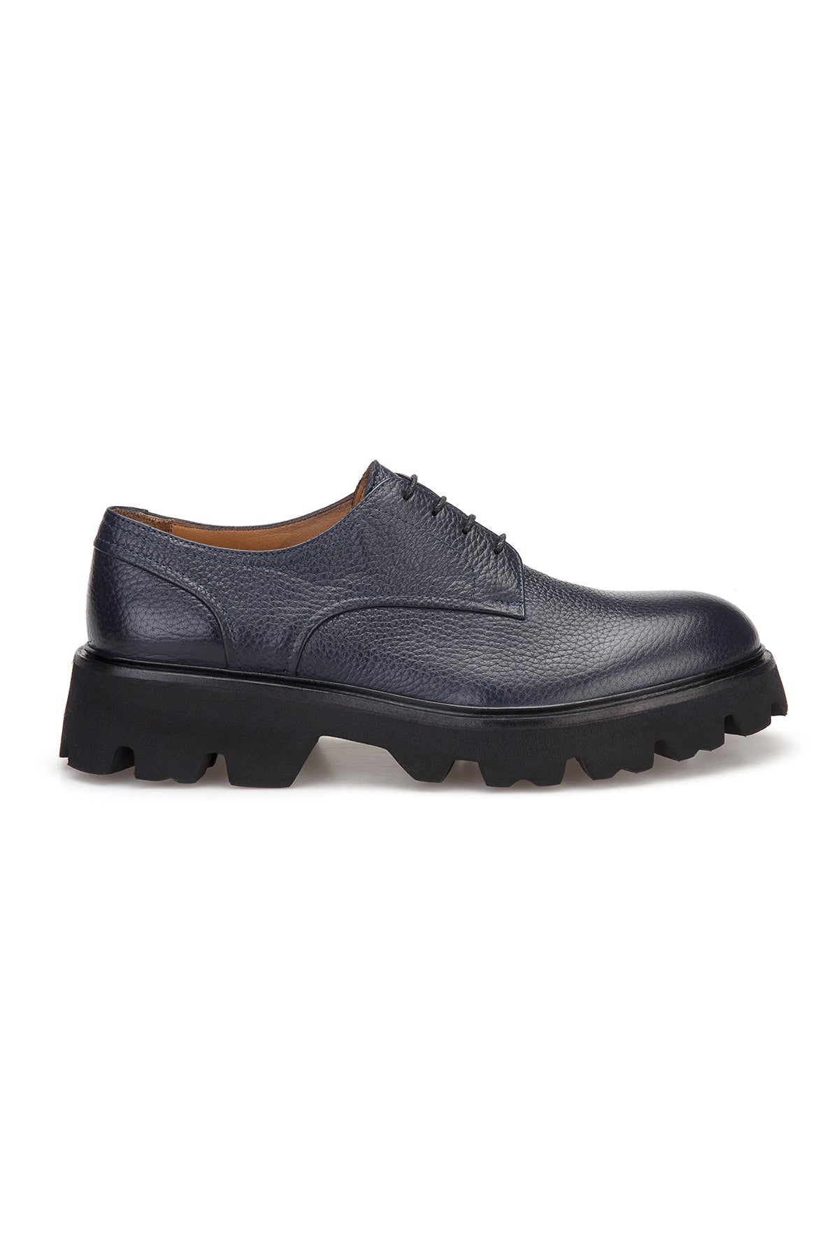 Seitliche Ansicht des handgefertigten Floter Leder Schuhs in Navy‑Blue