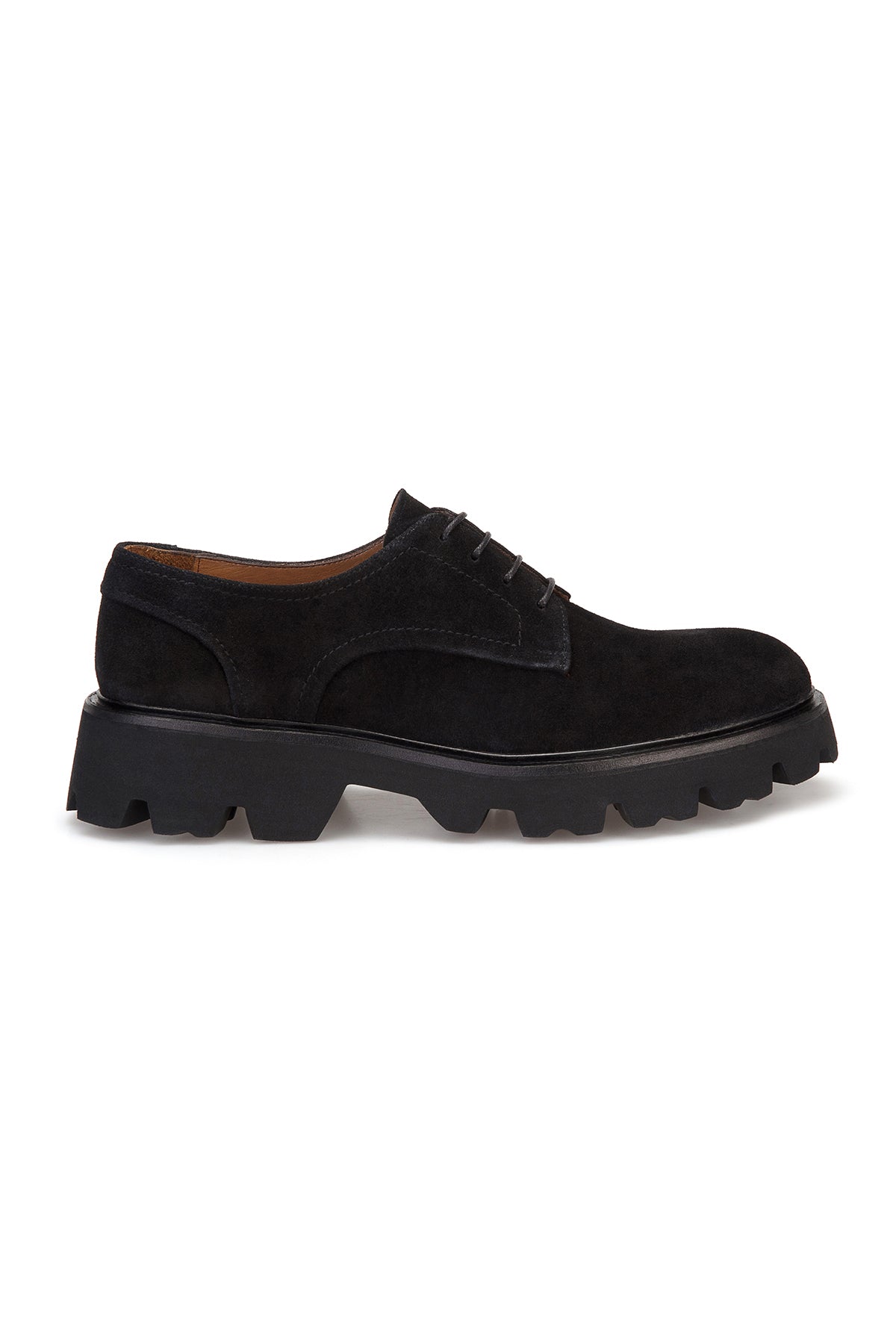 Seitliche Ansicht der Navy-Blue Wildleder Schuhe, betont die runde Schuhspitze und das leichte EVA-Sohlendesign.