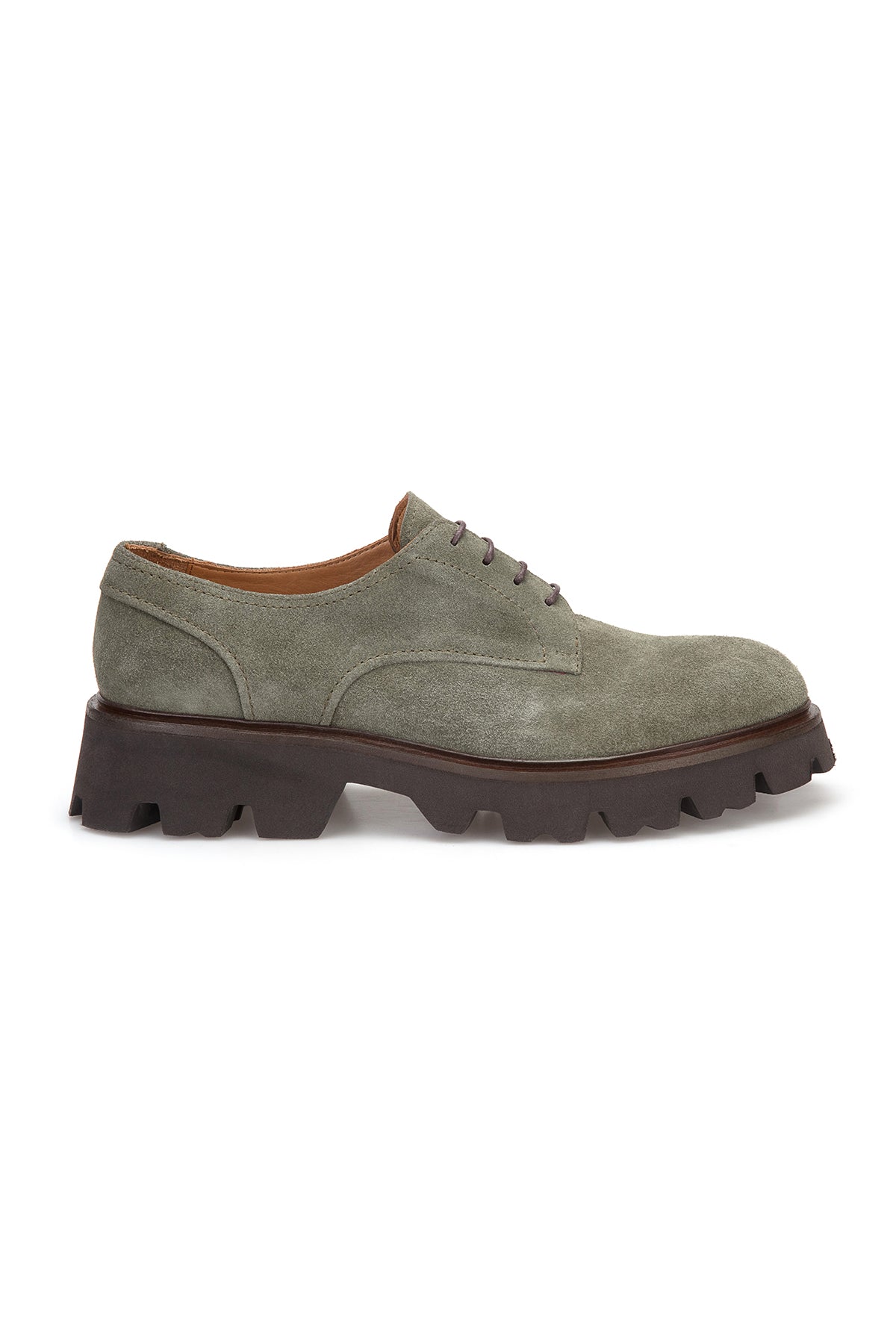 Seitliche Ansicht der Khaki Grün Wildleder Schuhe, feine Ziernähten und EVA-Sohle