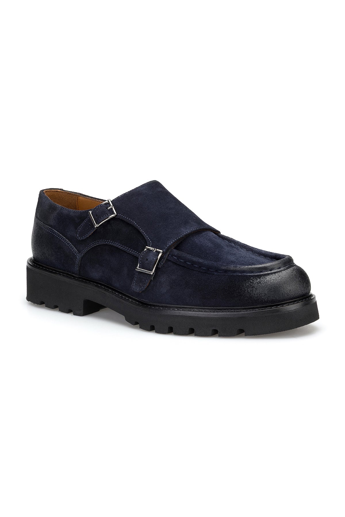 Nahaufnahme der Wildlederoberfläche der Double Monk Schuhe