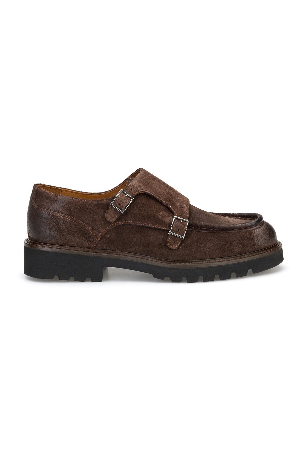 Seitliche Ansicht des Wildleder Double Monk Schuhs, Fokus auf die elegante Schuhspitze.