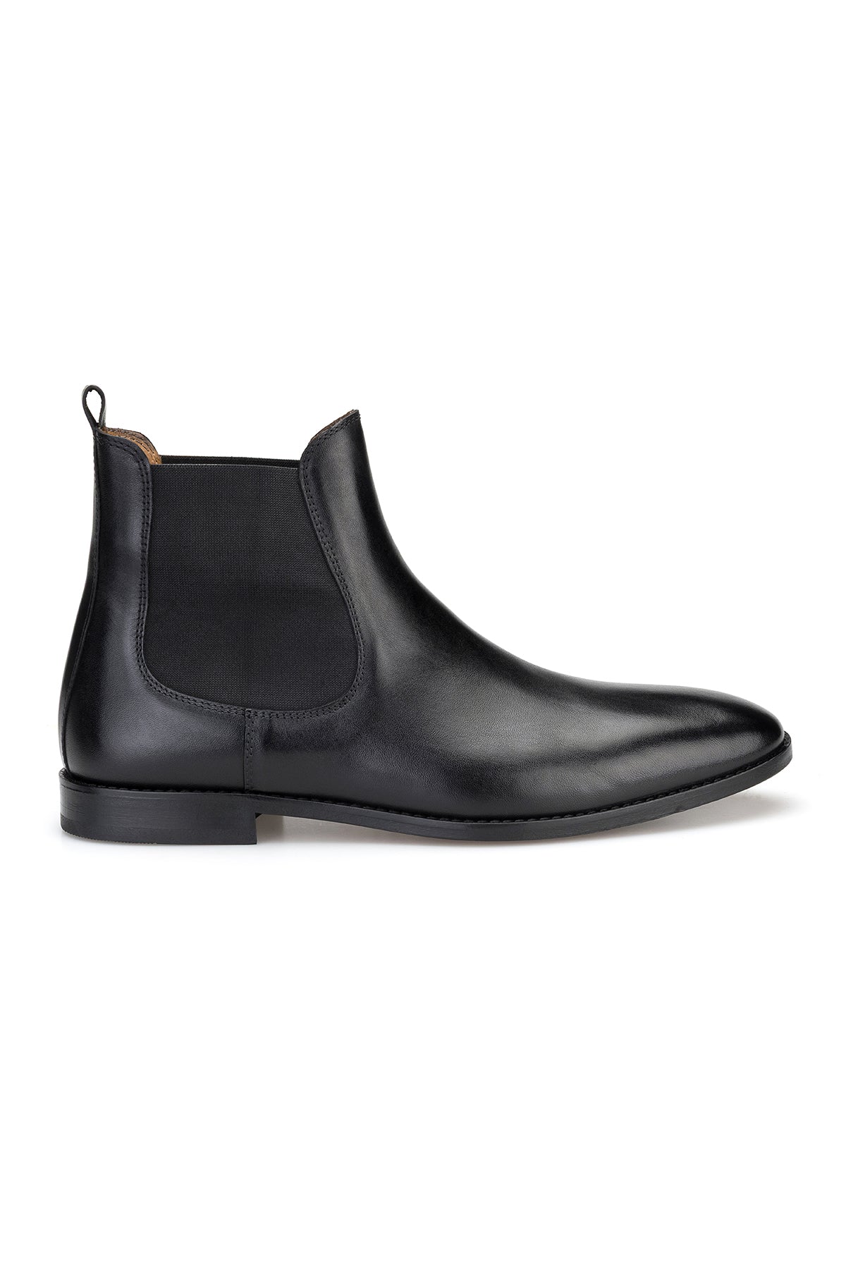 Seitliche Ansicht des handgefertigten schwarzen Leder-Chelsea-Boots
