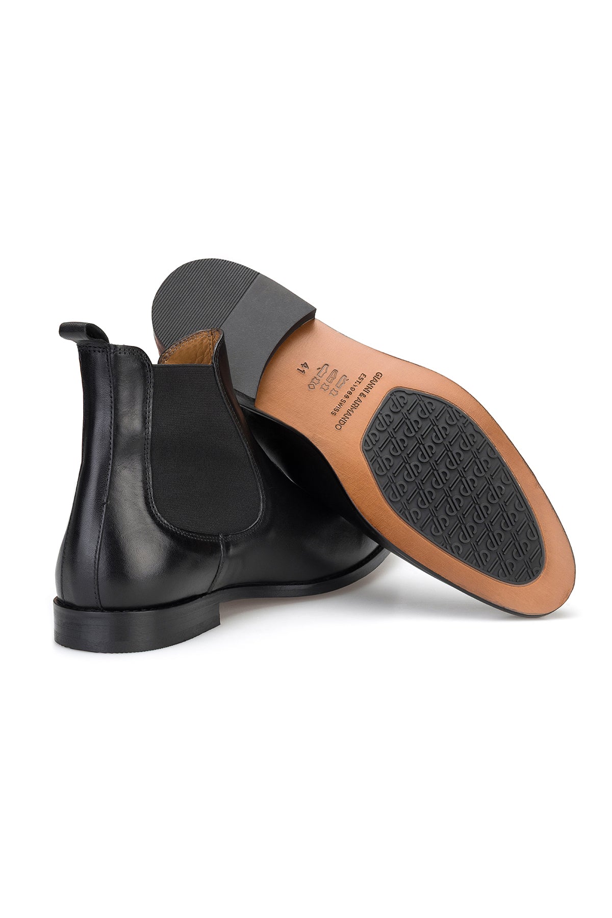 Rückansicht des schwarzen Leder-Chelsea-Boots mit sichtbarem Innenfutter