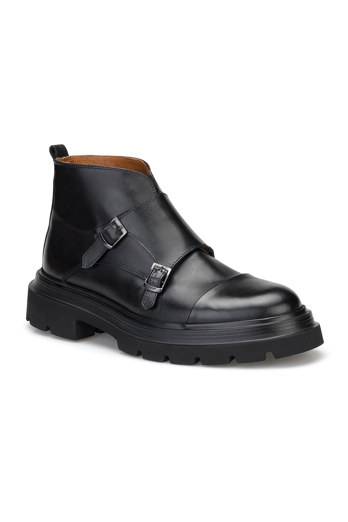 Rückansicht des Double Monk Flotter Lederstiefels mit sichtbarem Decksohle aus Leder