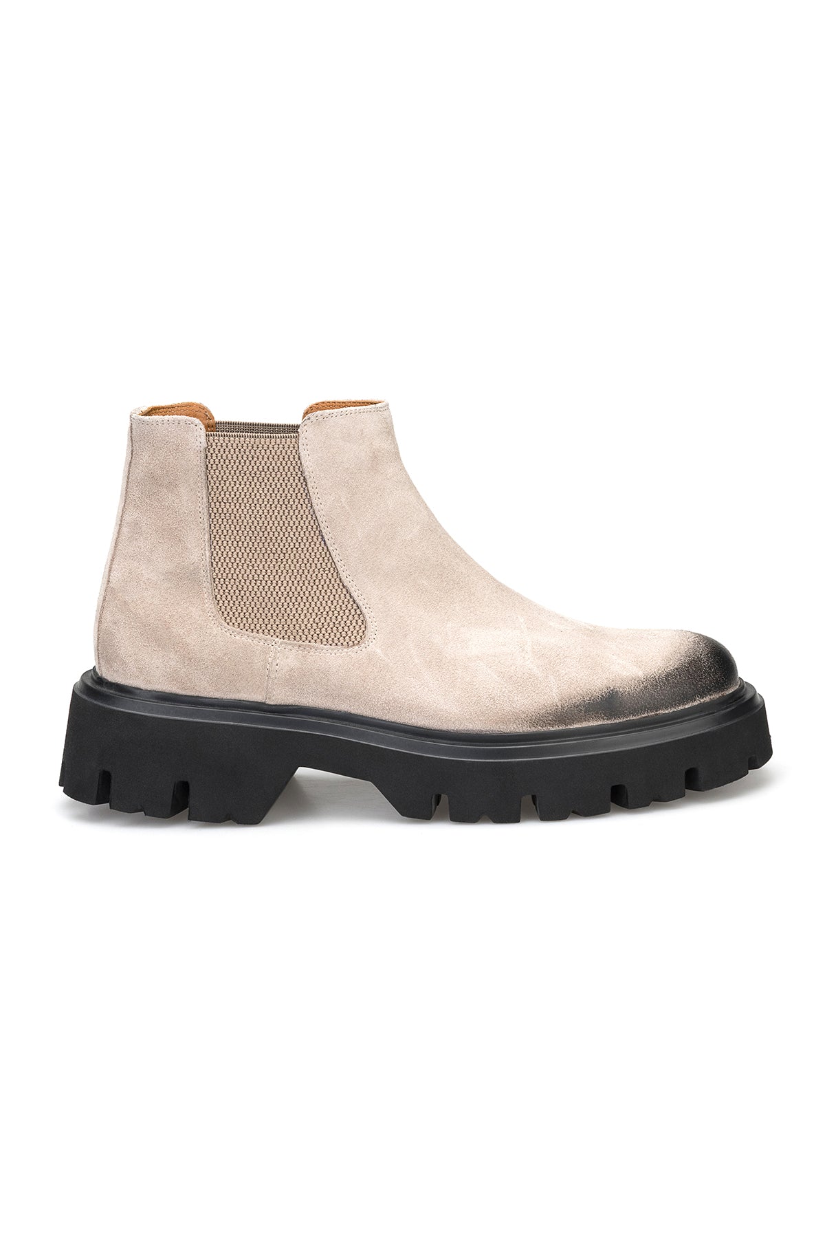Seitlicher Blick auf den Wildleder-Lederstiefel – sichtbare EVA-Laufsohle und 4,5 cm Absatzhöhe.