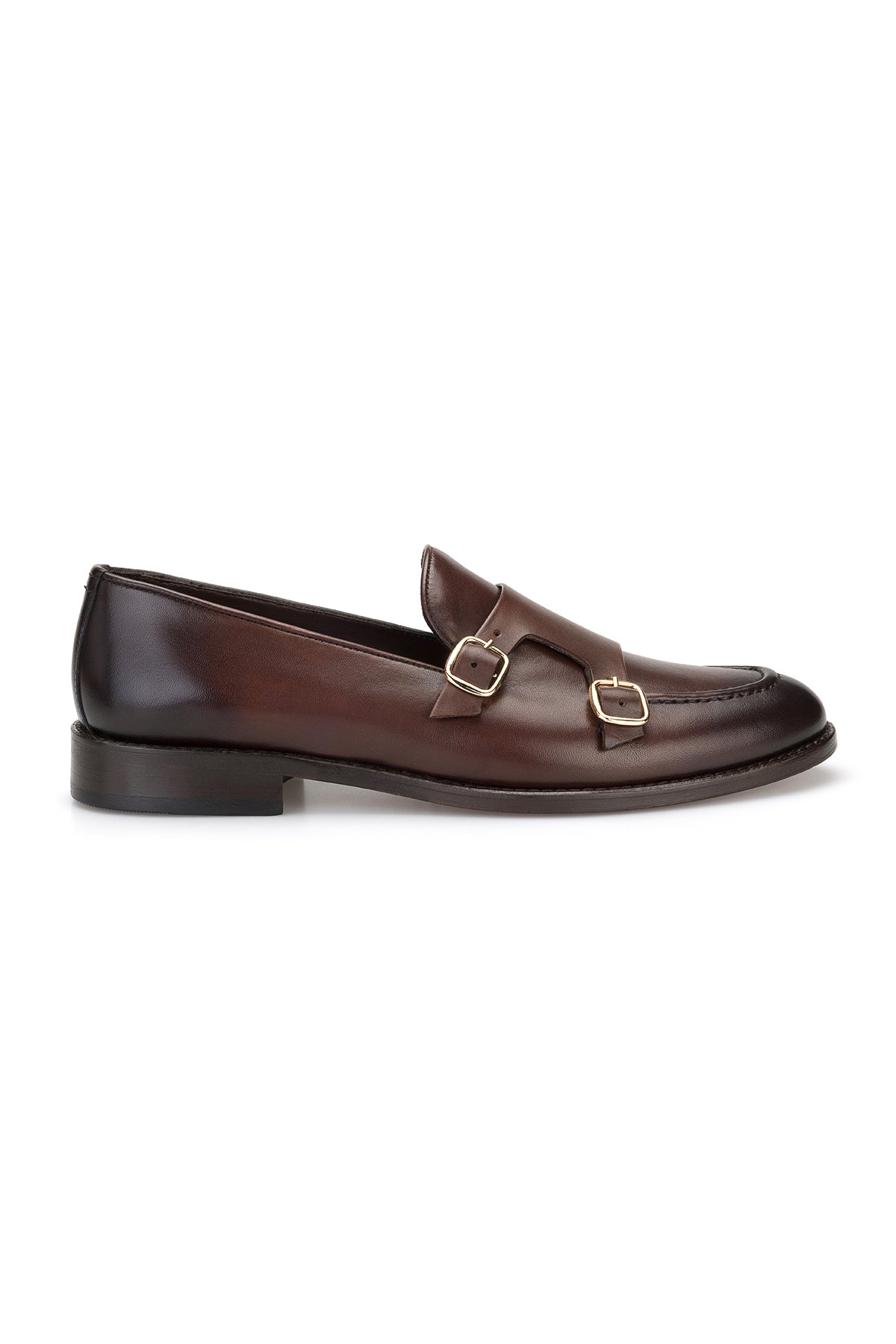 Seitliche Ansicht des Double Monk Schuhes mit runder Spitze und feinem Leder
