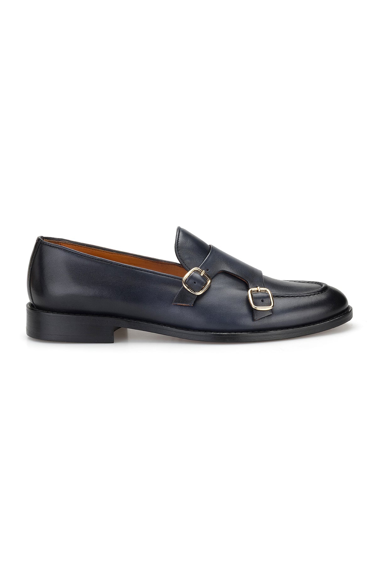 Vue de côté des chaussures Double Monk Navy Blue à double boucle
