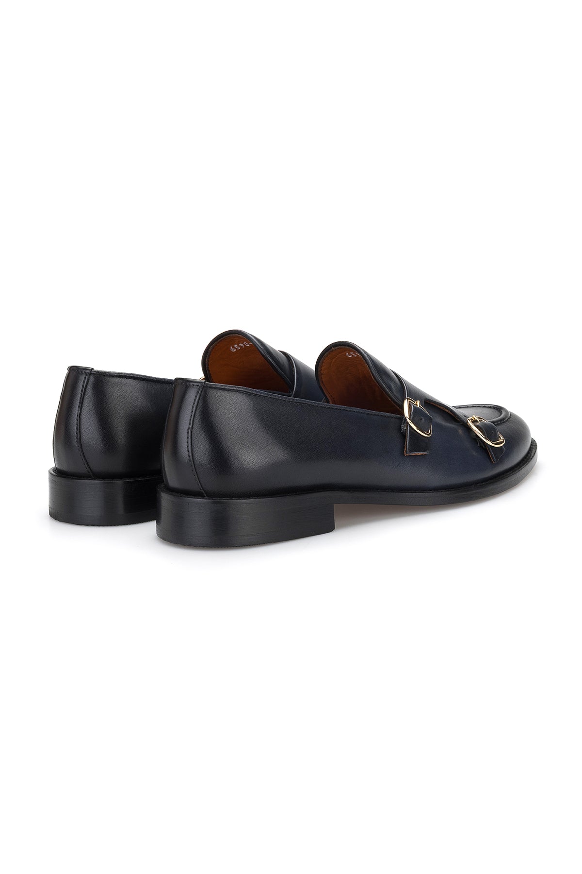 Vue arrière des chaussures Double Monk Navy Blue avec laçage élégant