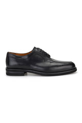 Top‑down view of the black leather business shoe highlighting the smooth sole and subtle heel.
