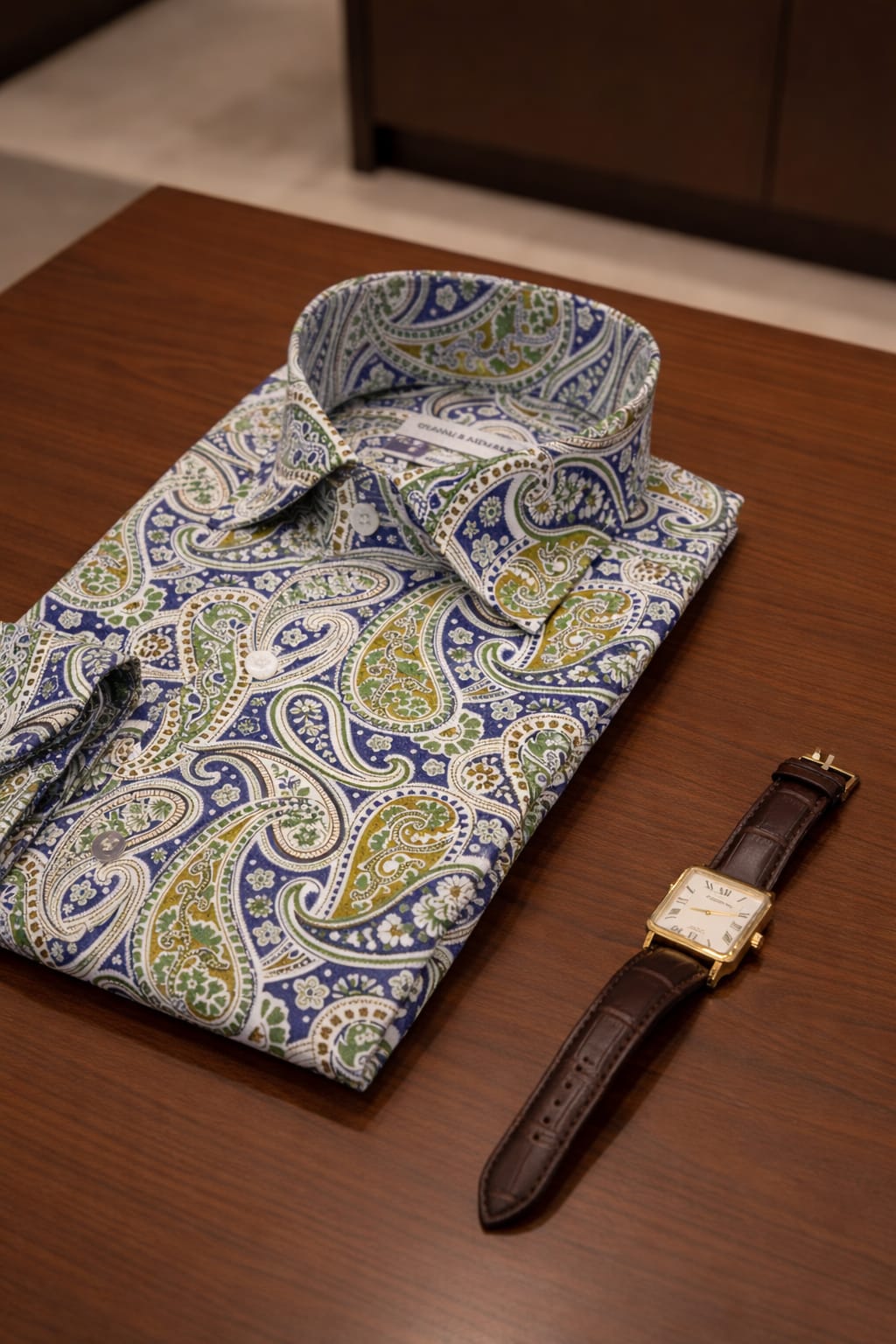 Gros plan du motif paisley aux couleurs vives sur le devant de la chemise.