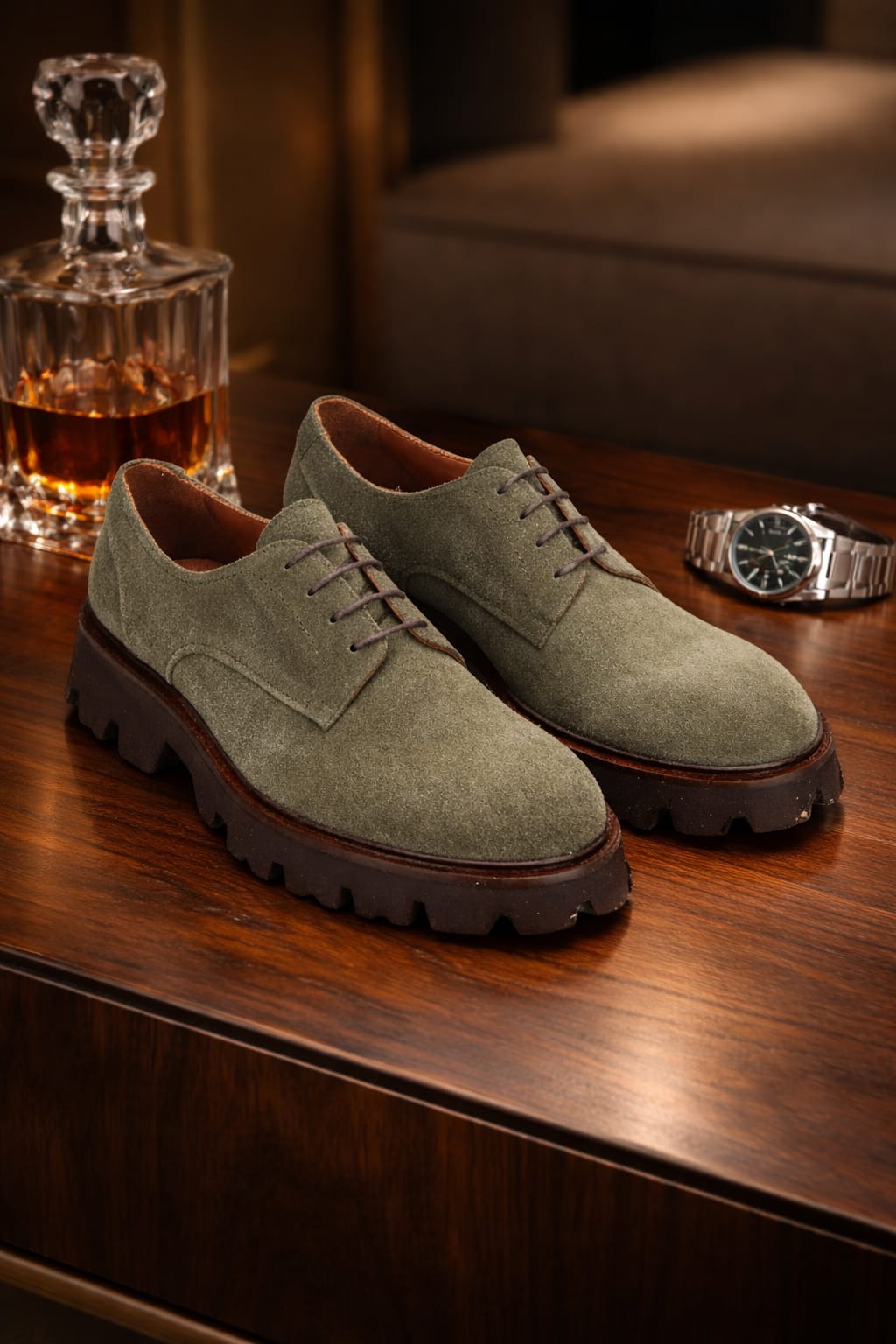 Modeller trägt die Khaki Grün Wildleder Schuhe in lässiger Pose, urbanes Ambiente