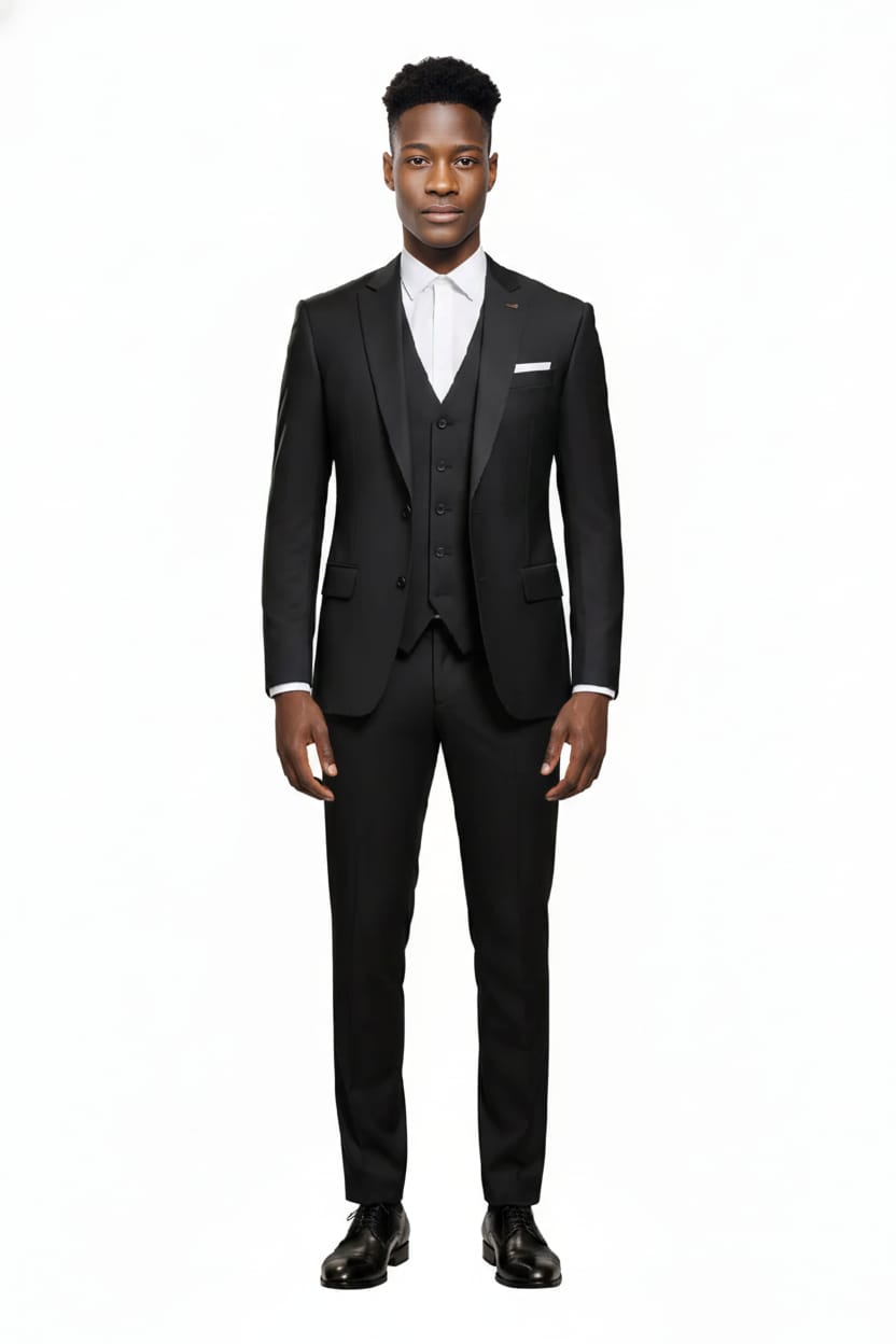 Komplettes Set aus Sakko, Weste und Hose des schwarzen Slim Fit Herrenanzugs.