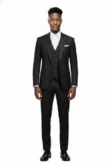 Komplettes Set aus Sakko, Weste und Hose des schwarzen Slim Fit Herrenanzugs.
