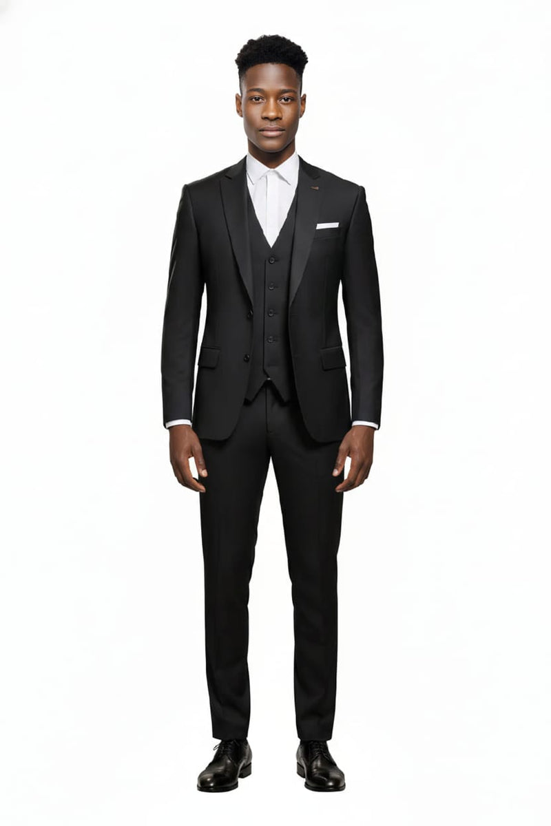 Komplettes Set aus Sakko, Weste und Hose des schwarzen Slim Fit Herrenanzugs.