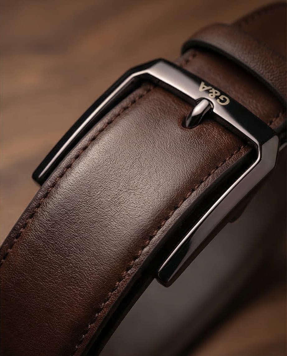 Vue de face de la ceinture en cuir marron avec boucle métallique argentée – détail de la surface lisse du cuir