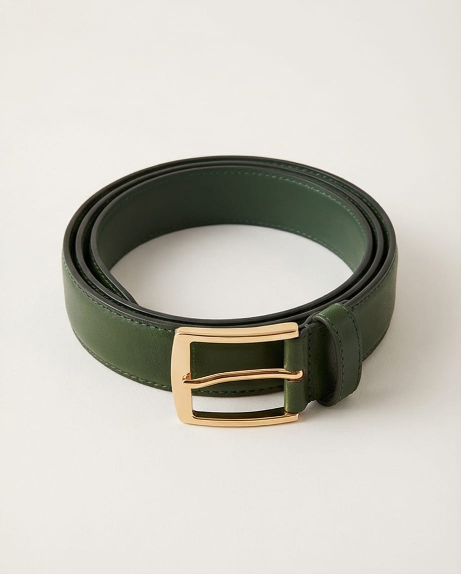 Ceinture en cuir vert, portée avec un jean – look casual pour le quotidien