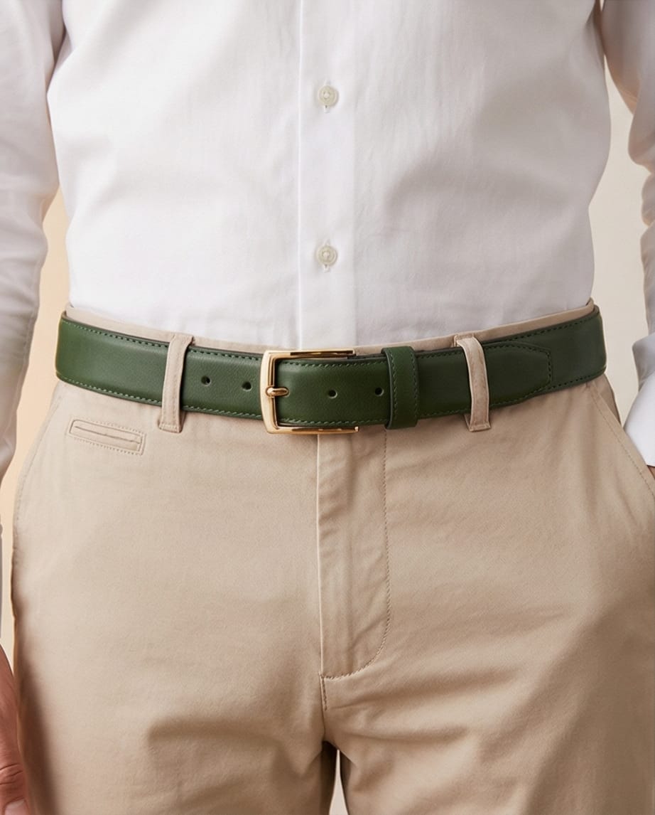Ceinture dans un élégant ton vert, portée avec un pantalon de costume classique – look business