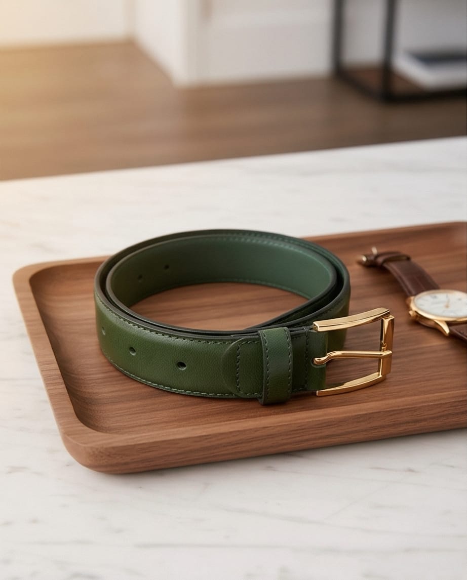 Gros plan sur la boucle dorée de la ceinture en cuir, soulignant la finition haut de gamme