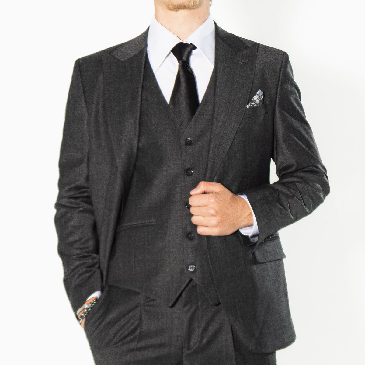 Grauer Slim Fit Herrenanzug aus Wolle mit Spitzrevers .