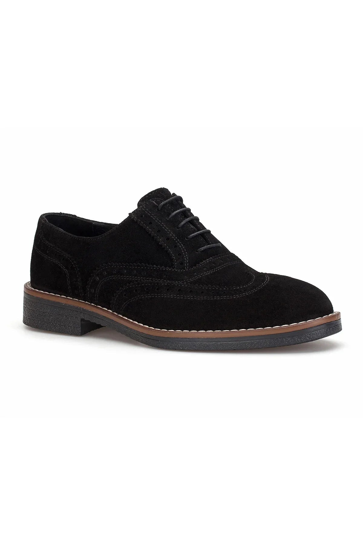Detailaufnahme der Gummi‑Sohle des Oxfort Schwarzer Wildleder-Schuhes