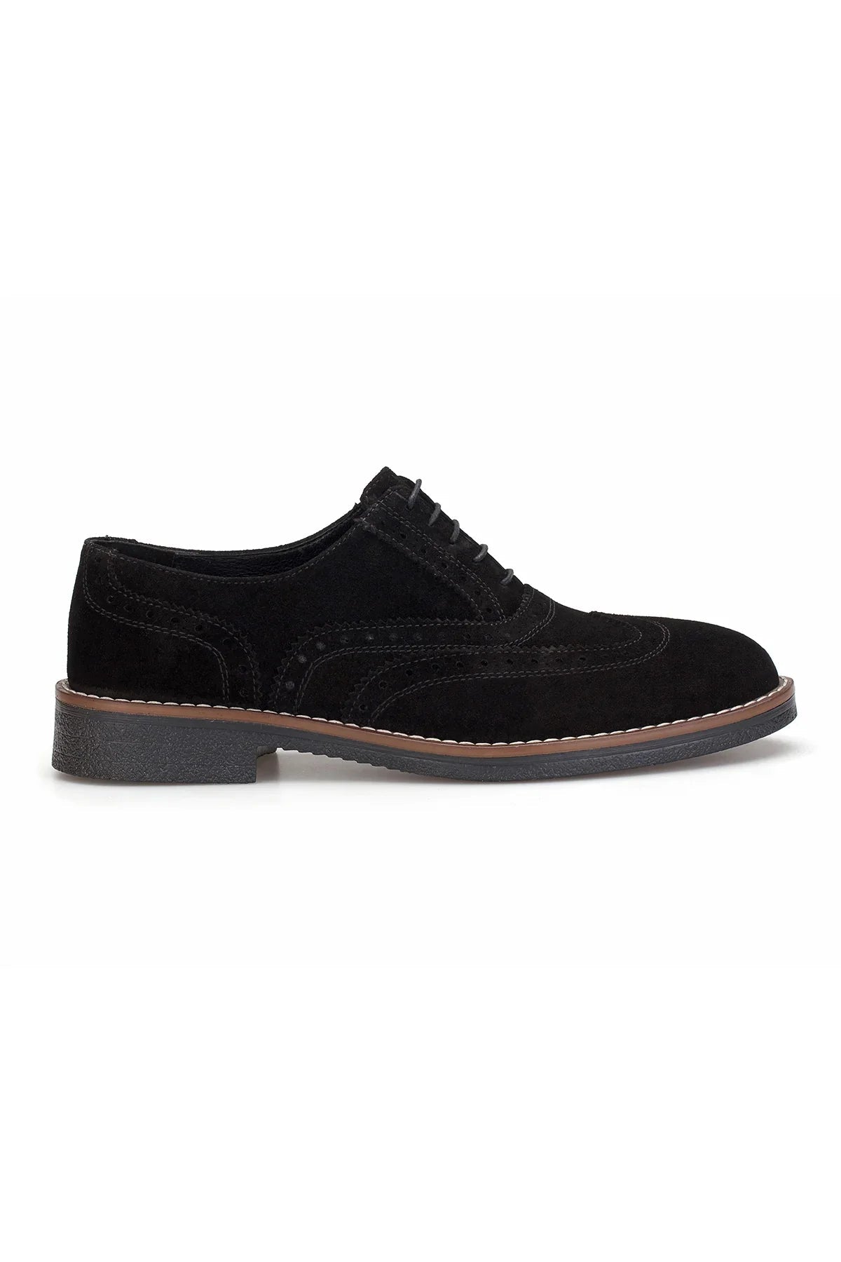 Seitliche Ansicht des Oxfort Schwarzer Wildleder-Schuhes mit runder Spitze