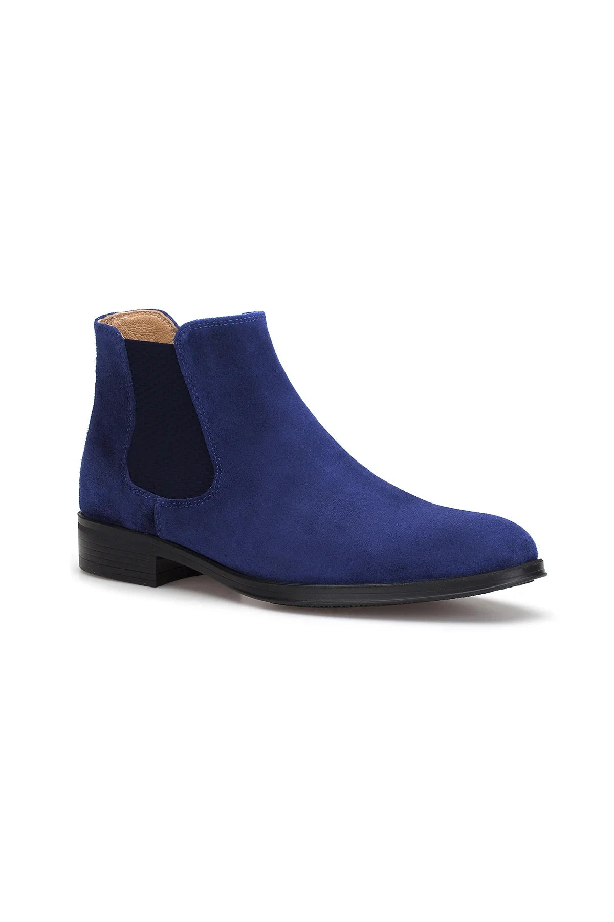 Nahaufnahme Wildleder Chelsea Boots Blau – feine Lederstruktur und elastischer Einsatz