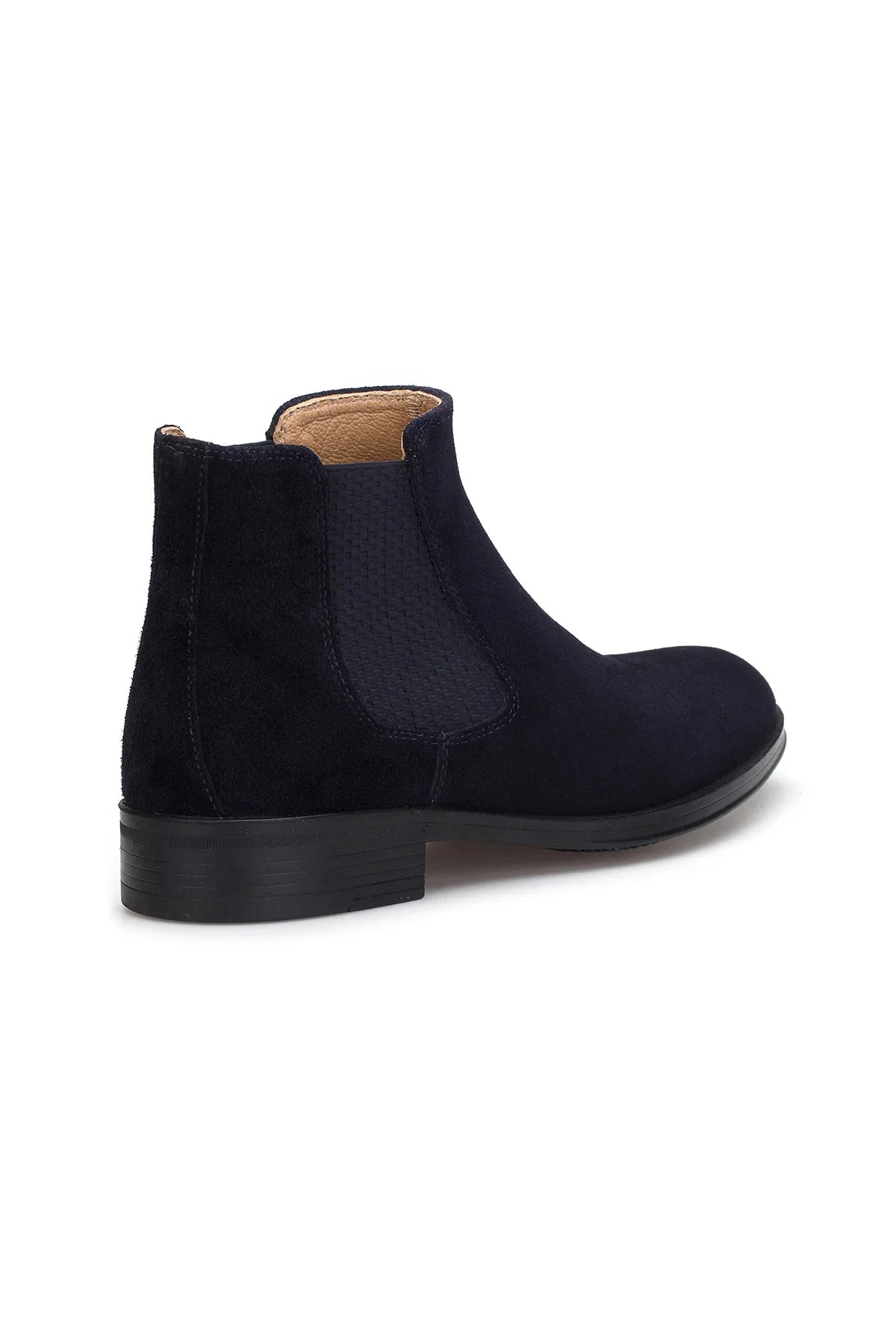 Rückansicht der dunkelblauen Chelsea-Boots mit Leder-Decksohle und Spitzspitze