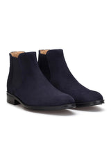 Vorderansicht der dunkelblauen Wildleder-Chelsea-Boots mit elastischem Schlupfverschluss