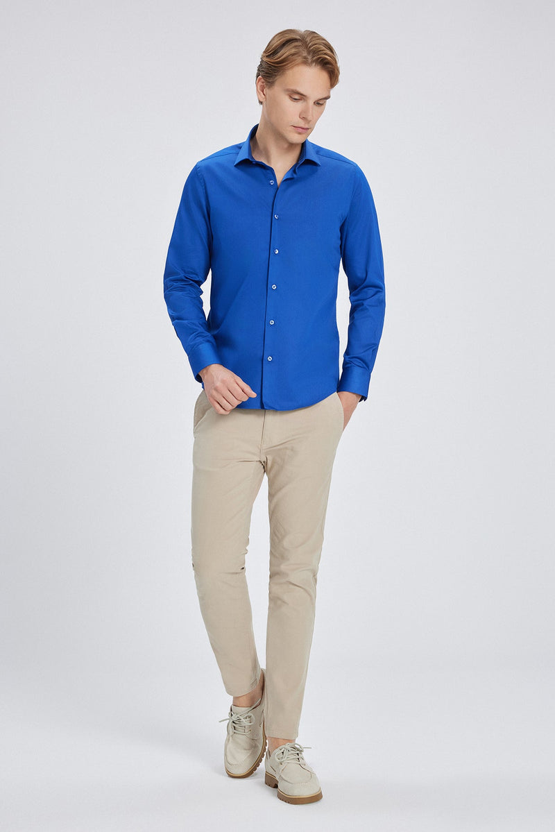 Front view of the Slim Fit Hemd showing the smooth satin texture and Indigo Blue color